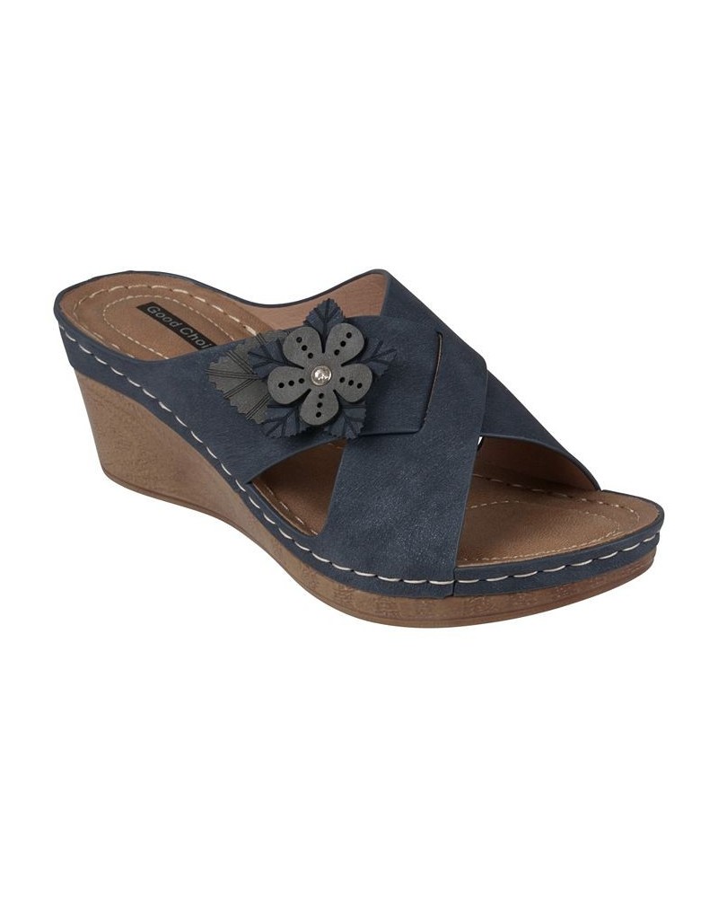 Women's Selly Flower Wedge Sandals Blue $28.70 Shoes