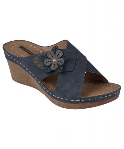 Women's Selly Flower Wedge Sandals Blue $28.70 Shoes