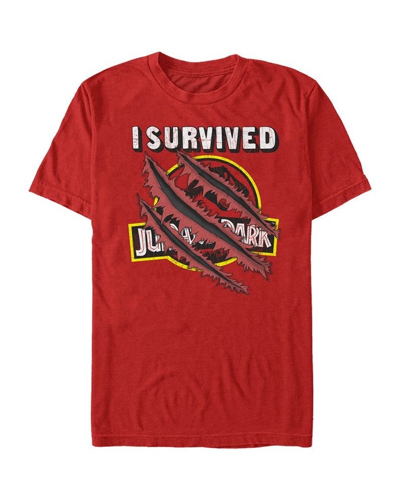 Jurassic Park Men's I Survived Scratch Short Sleeve T-Shirt Red $17.15 T-Shirts