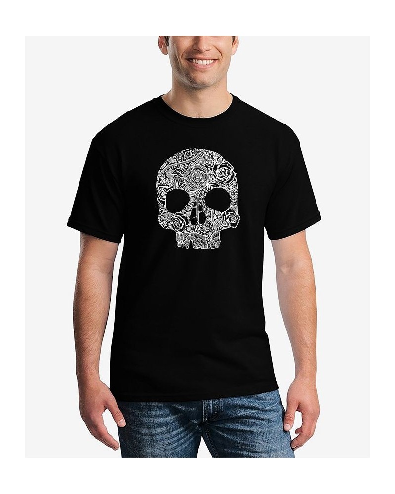 Men's Word Art Flower Skull Short Sleeve T-shirt Black $17.15 T-Shirts