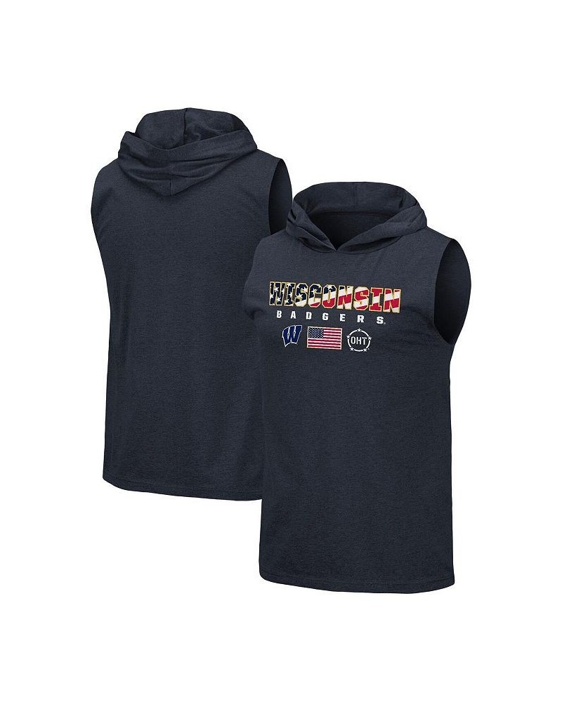 Men's Navy Wisconsin Badgers OHT Military-Inspired Appreciation Americana Hoodie Sleeveless T-shirt $26.54 T-Shirts