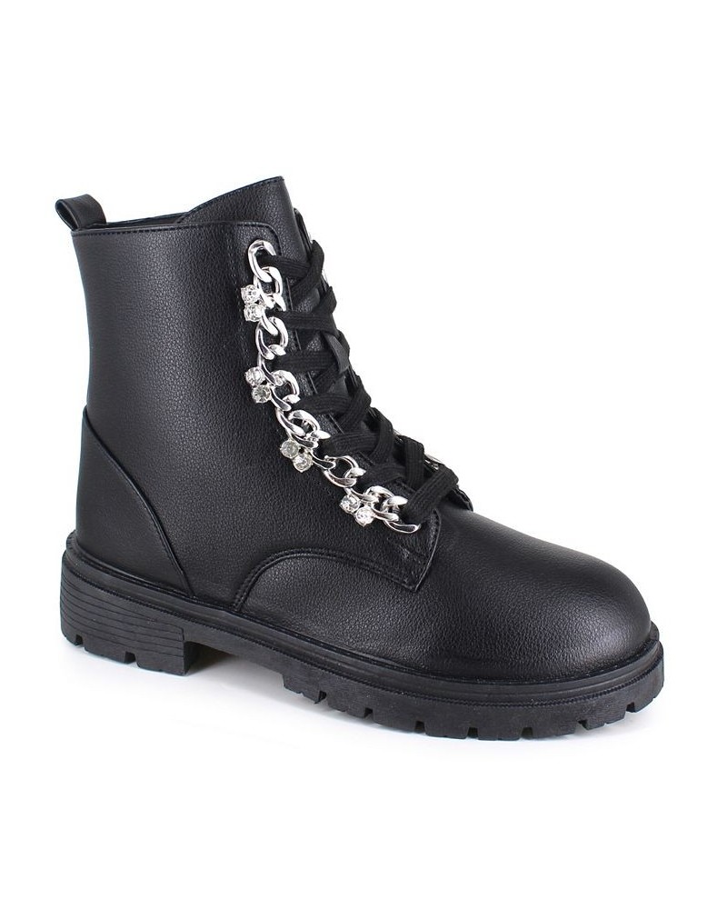 Women's Priscie Rhinestone Ornamented Combat Bootie Black $10.23 Shoes