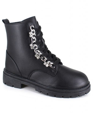 Women's Priscie Rhinestone Ornamented Combat Bootie Black $10.23 Shoes