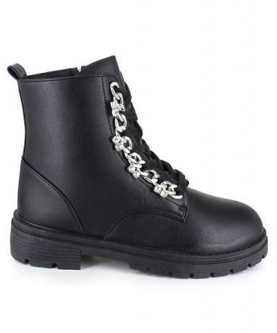 Women's Priscie Rhinestone Ornamented Combat Bootie Black $10.23 Shoes