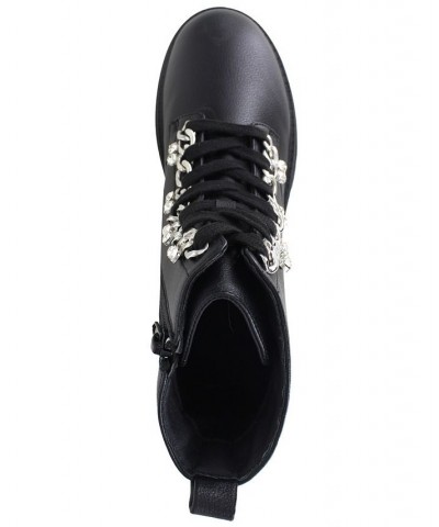 Women's Priscie Rhinestone Ornamented Combat Bootie Black $10.23 Shoes