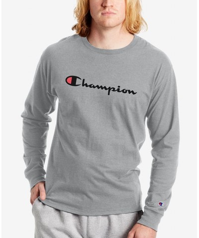 Men's Script-Logo Long Sleeve Tshirt Gray $14.30 T-Shirts