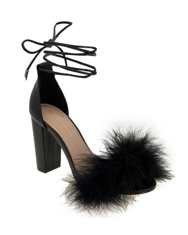 Women's Biny Faux Feathers Sandal Black $41.42 Shoes