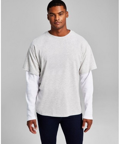 Men's Oversized-Fit Layered Contrast Long-Sleeve T-Shirt Gray $12.44 T-Shirts