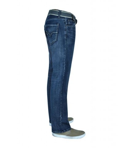 Men's Straight Leg Belted Jeans Blue $18.49 Jeans