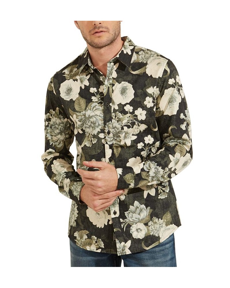 Men's Luxe Autumn Bloom Stretch Floral-Print Button-Down Shirt Gray $24.50 Shirts