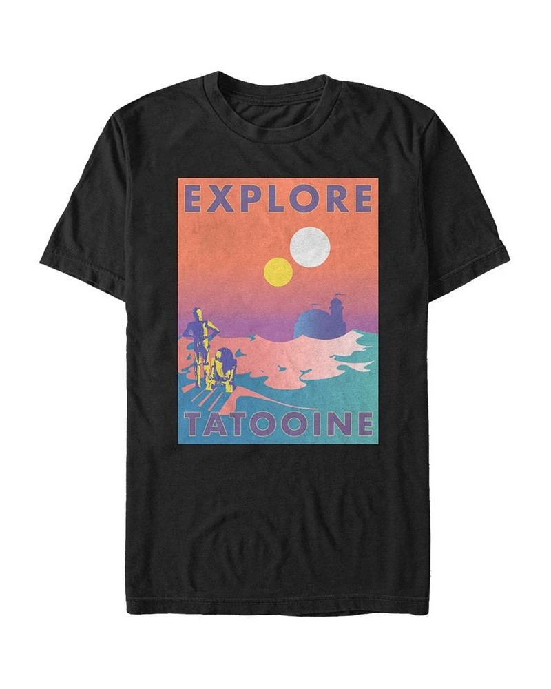 Men's Star Wars Explore Tatooine Faded Retro C-3PO R2-D2 Poster Short Sleeve T-shirt Black $18.54 T-Shirts