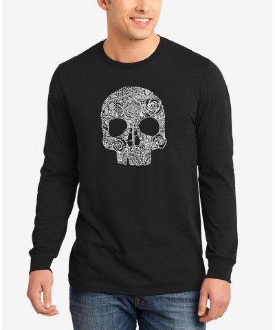 Men's Flower Skull Word Art Long Sleeve T-shirt Black $21.59 T-Shirts