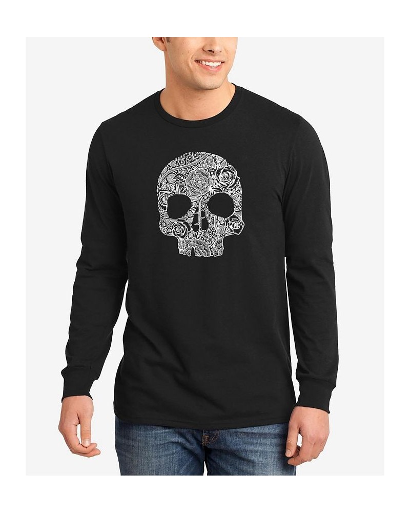 Men's Flower Skull Word Art Long Sleeve T-shirt Black $21.59 T-Shirts