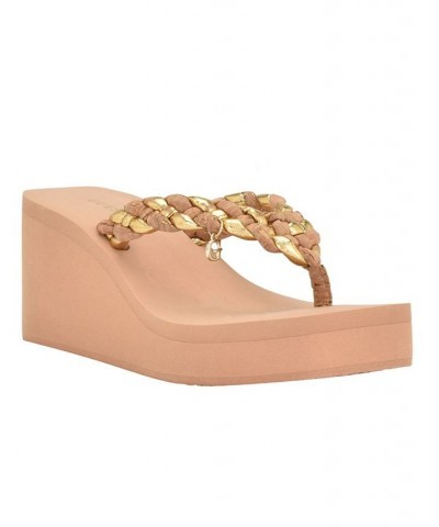 Women's Daber Braided Thong Mid Wedge Eva G Charm Sandal Gold $52.97 Shoes