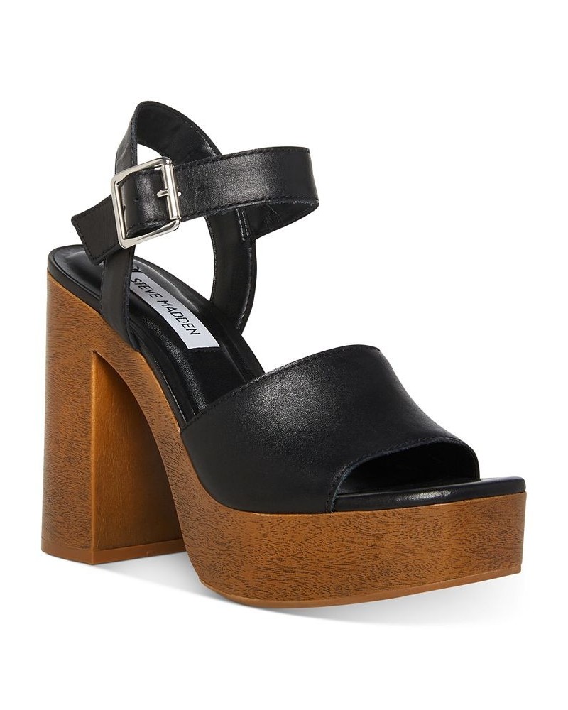 Women's Kye Two-Piece Wooden Platform Sandals Black $46.32 Shoes