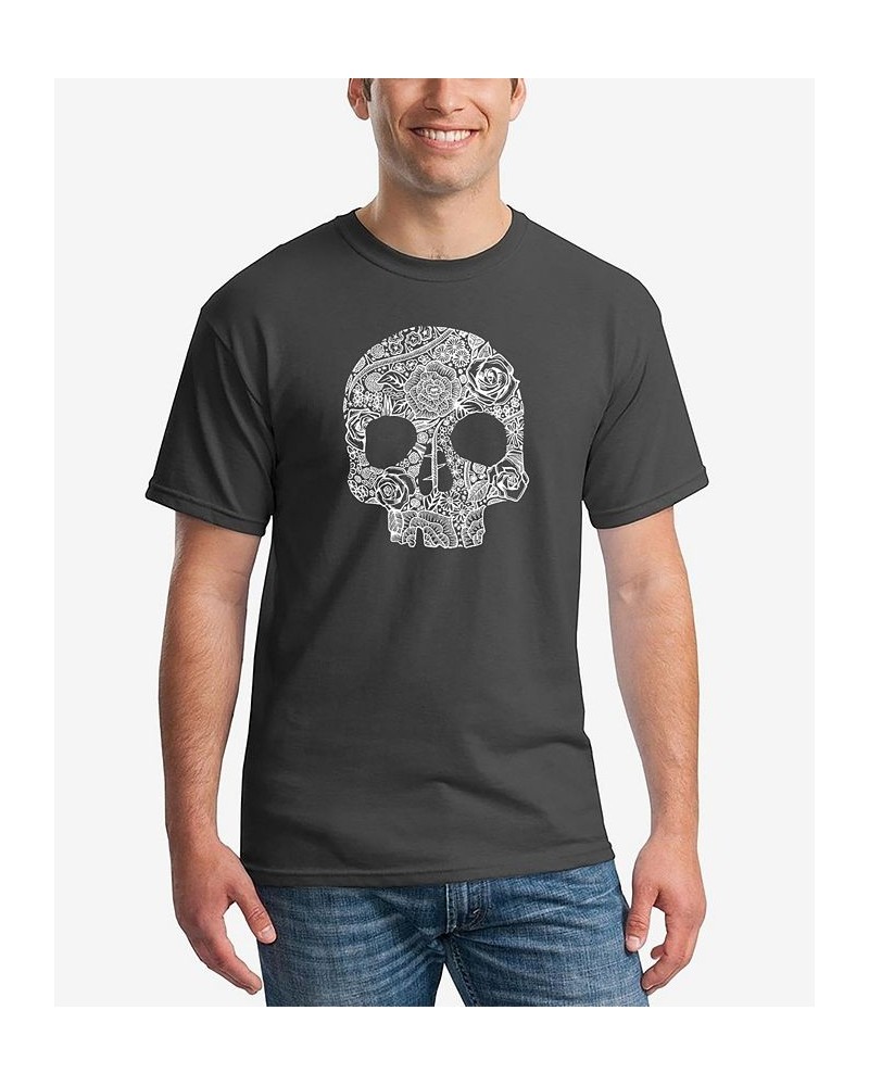 Men's Word Art Flower Skull Short Sleeve T-shirt Gray $17.15 T-Shirts