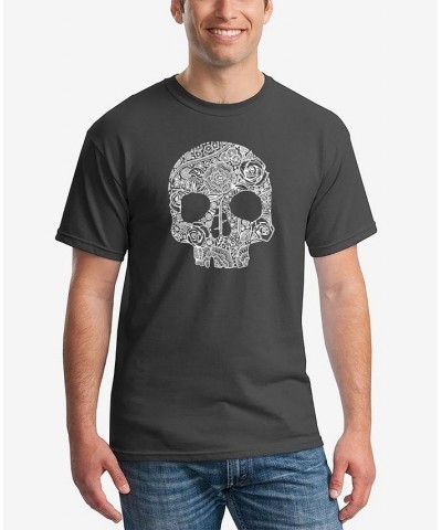 Men's Word Art Flower Skull Short Sleeve T-shirt Gray $17.15 T-Shirts