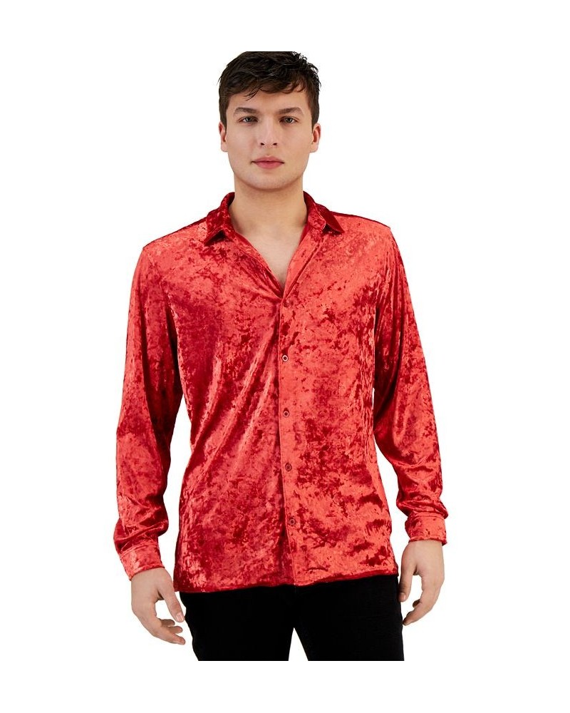 Men's Crinkled Velvet Button-Up Long-Sleeve Shirt Red $14.73 Shirts