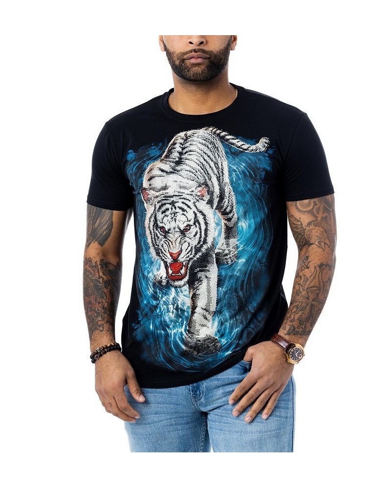 Men's White Tiger on Water Rhinestone T-shirt Black $24.30 T-Shirts